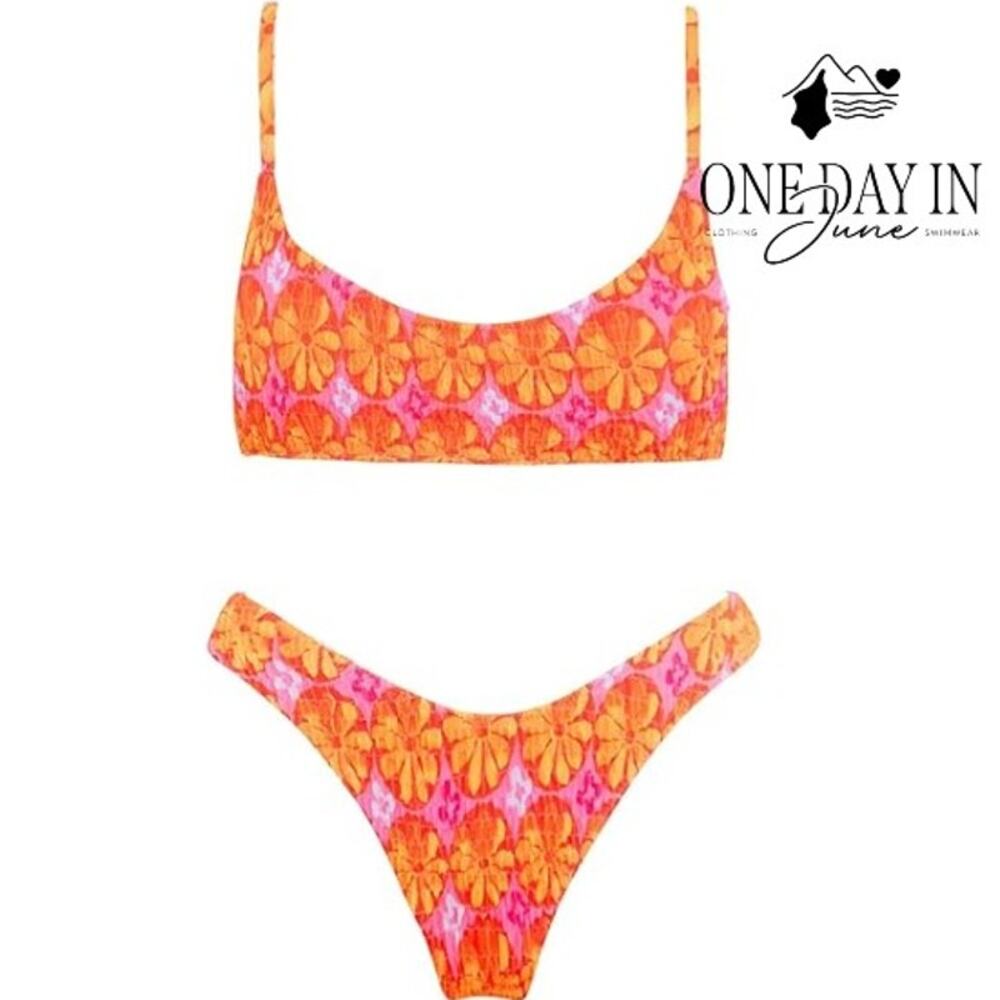 Volafa Smocked Crop Bikini Swimsuit Pink Orange Floral Two Piece Size M